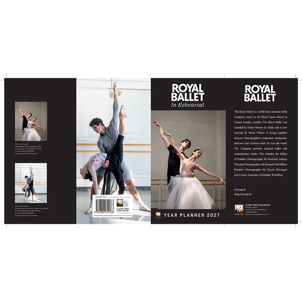 Front cover of the Year Planner 2027 with two dancers and text 'Royal Ballet In Rehearsal' on a white background