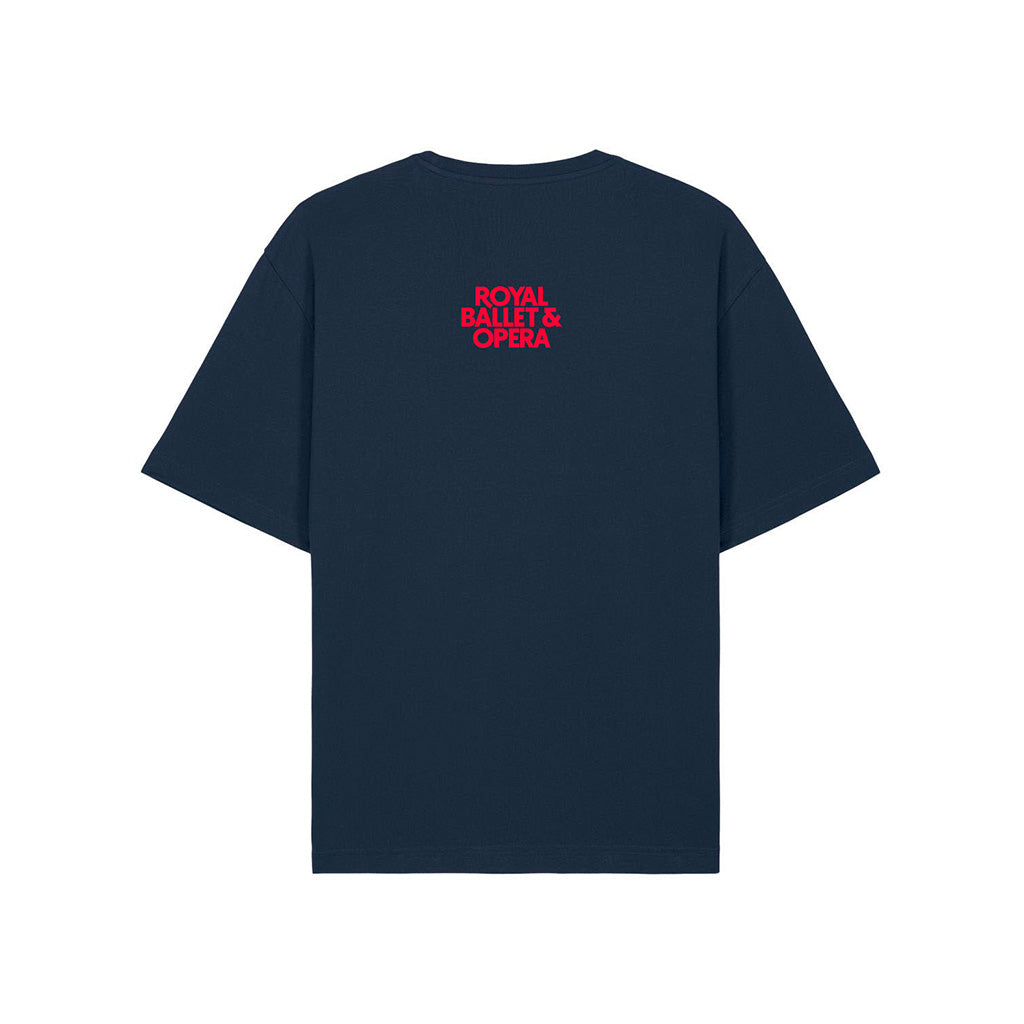 Back view of navy blue t-shirt with &#39;Royal Ballet &amp; Opera&#39; in red text on the back against a white background