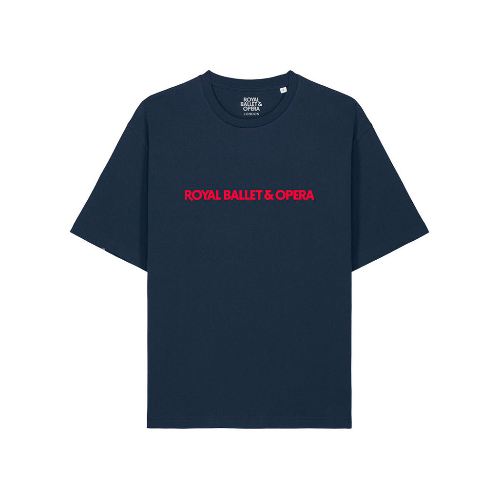 Navy blue t-shirt with red text &#39;ROYAL BALLET &amp; OPERA&#39;  on front on a white background