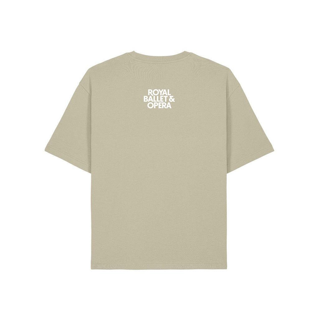 Back view of stone coloured  t-shirt with &#39;Royal Ballet &amp; Opera&#39; in the centre in white text against a white background