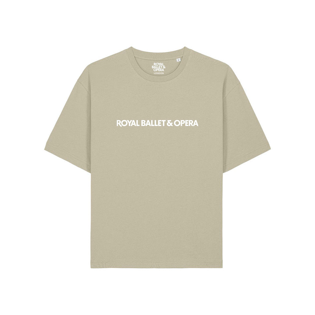 Stone coloured  t-shirt with &#39;ROYAL BALLET &amp; OPERA&#39; in white text on the front on a white background