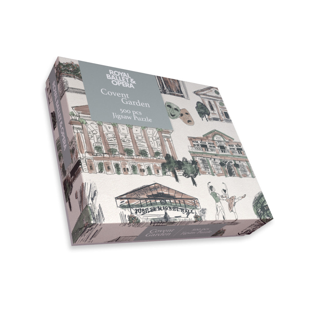 Jigsaw puzzle box with illustrations of Covent Garden on a white background