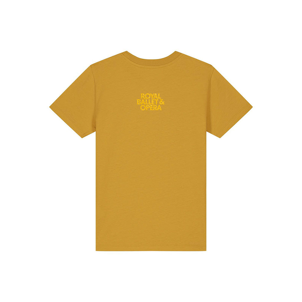 back view of yellow t-shirt with &#39;Royal Ballet &amp; Opera&#39; text  centre back on a white background