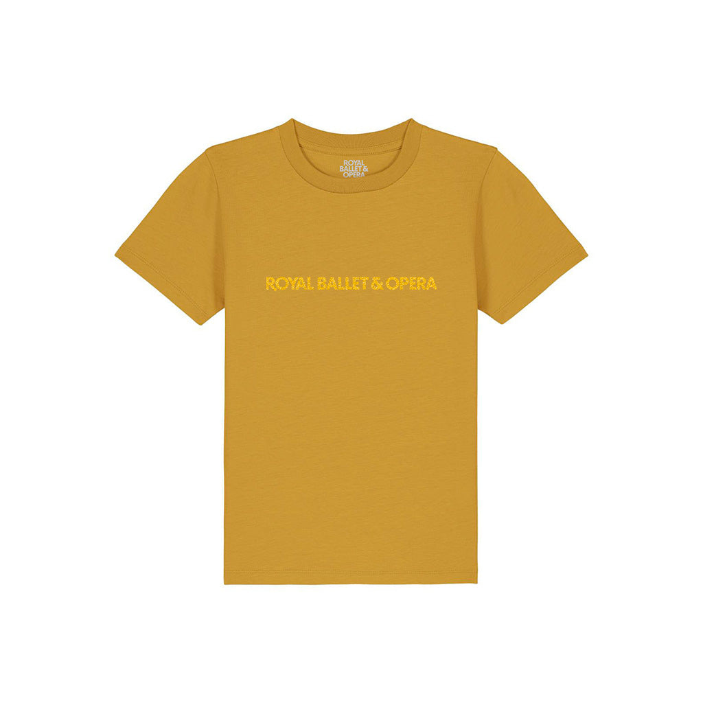 Yellow t-shirt with &#39;ROYAL BALLET &amp; OPERA&#39; text across the front on a white background