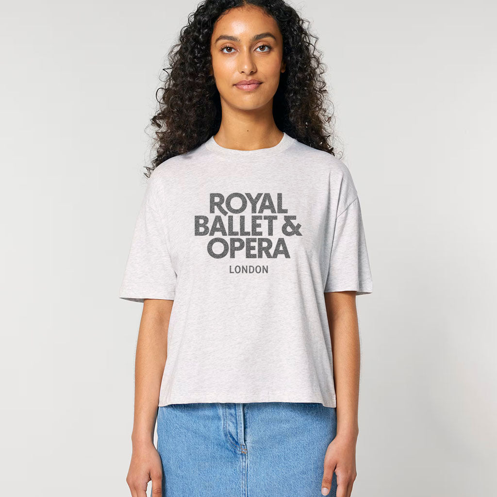 Person wearing a light grey t-shirt with 'Royal Ballet &amp; Opera London' text on a plain background