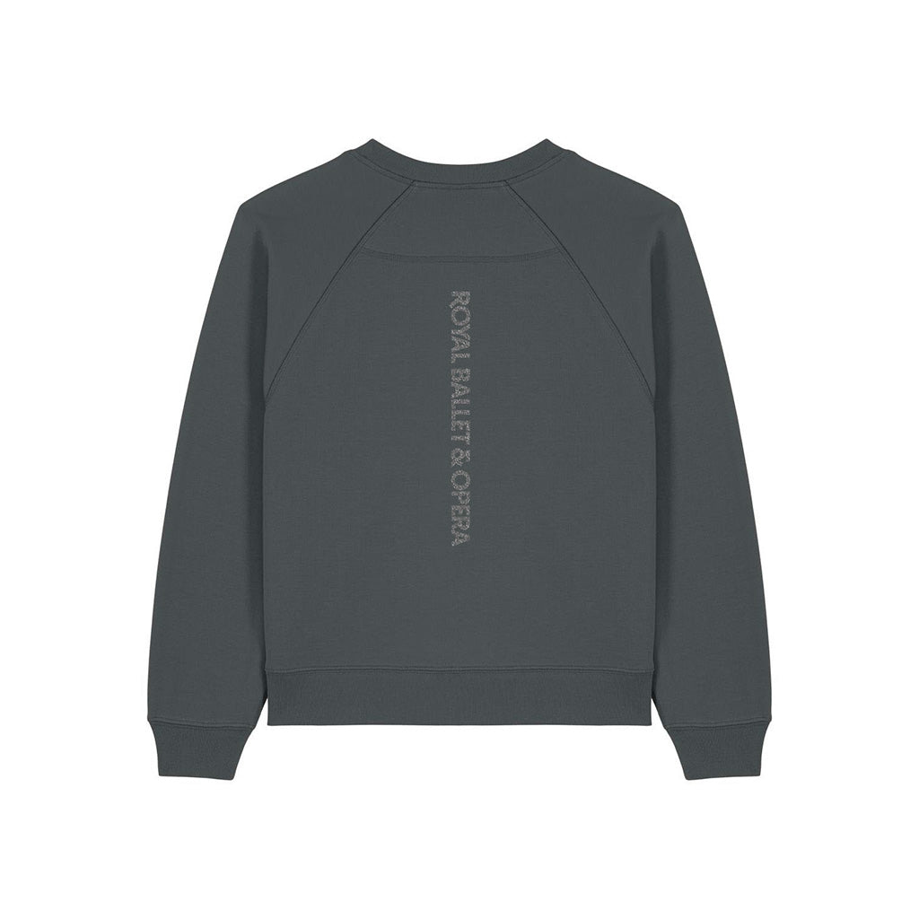 Dark gray sweatshirt with &#39;Royal Ballet &amp; Opera&#39; vertical text centre back against a white background
