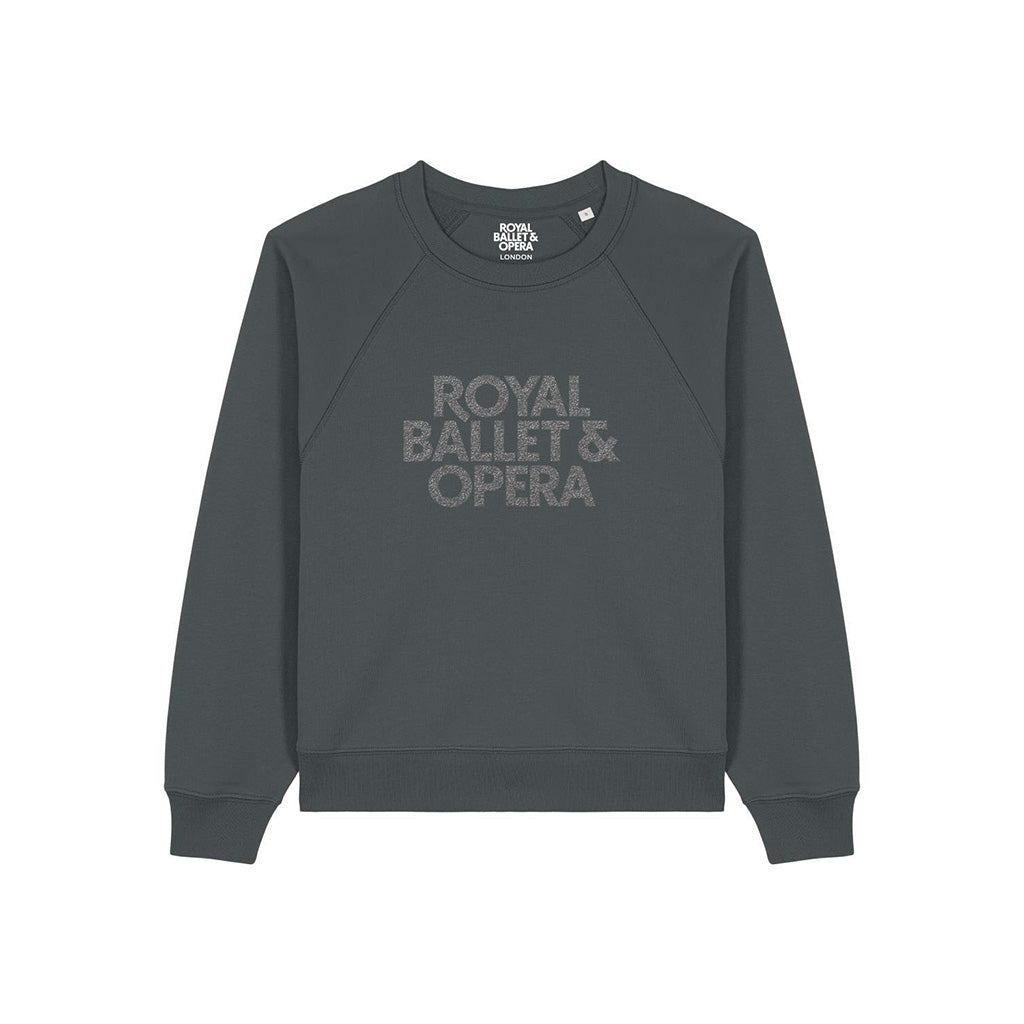 Dark gray sweatshirt with &#39;Royal Ballet &amp; Opera&#39; text on a white background