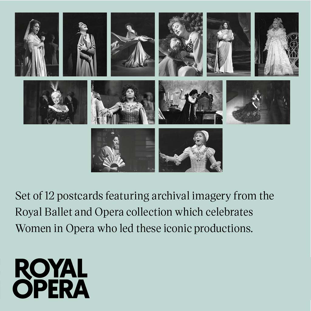 Back of the Women in opera postcard pack with 12 images of opera singers