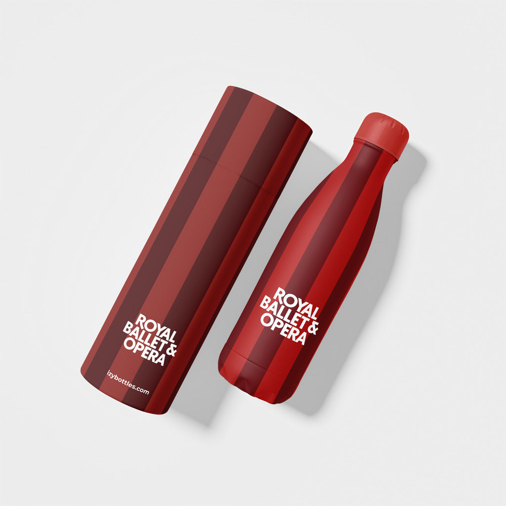 Red striped water bottles with 'Royal Ballet & Opera' branding on a white background
