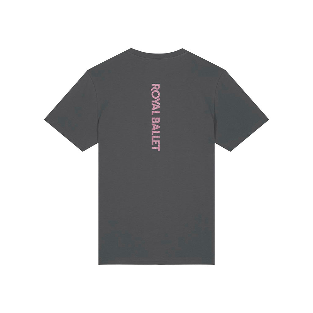 Gray t-shirt with 'Royal Ballet London' text on a white background