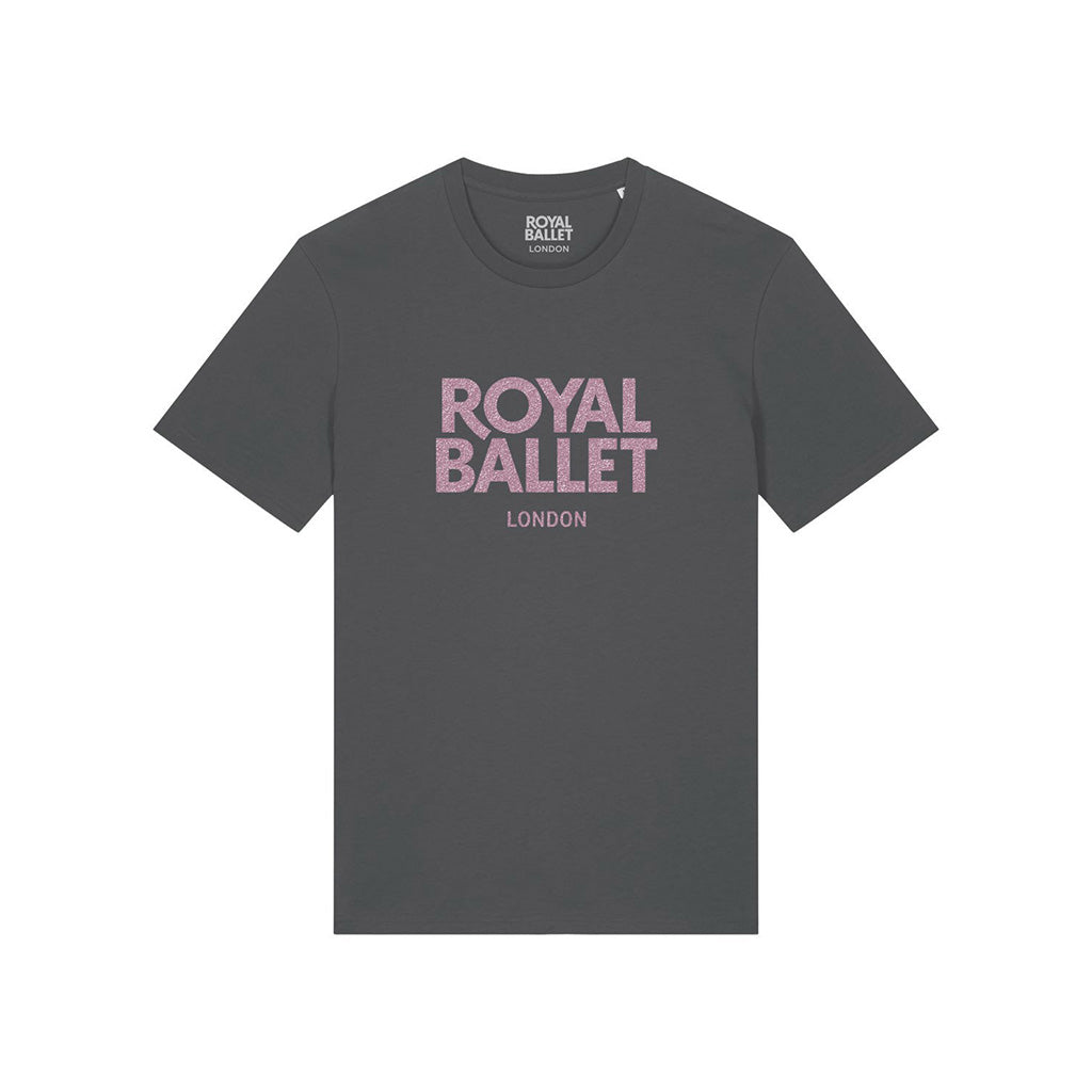 Gray t-shirt with &#39;Royal Ballet London&#39; text on a white background