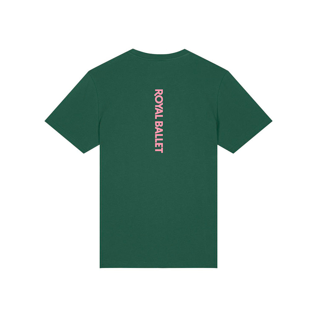 Back view of green t-shirt with bold pink text  &#39;ROYAL BALLET&#39; centre back against a white background