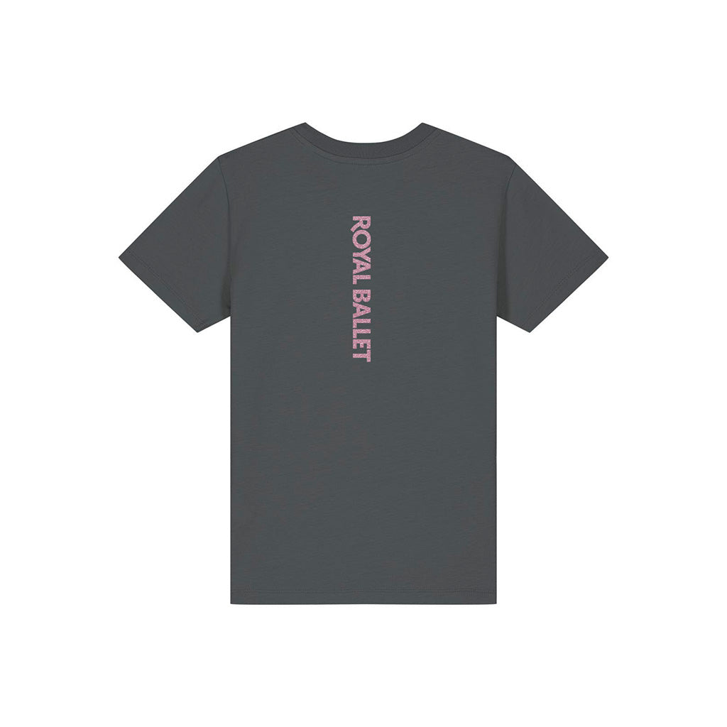 Back view of gray t-shirt with &#39;Royal Ballet&#39; vertical text on the back against a white background