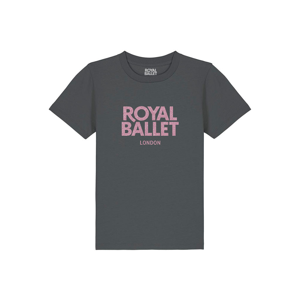 Gray t-shirt with &#39;Royal Ballet London&#39; in glittery pink text on a white background