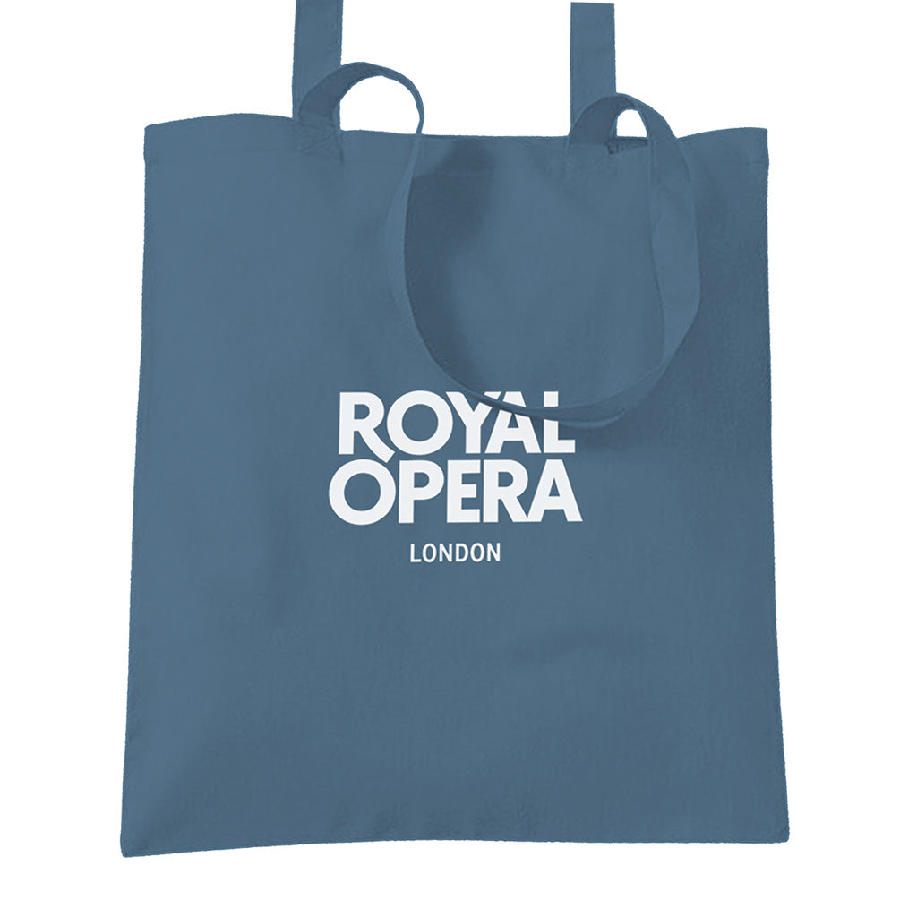 blue tote bag with white text ROYAL OPERA LONDON on the front on a white background
