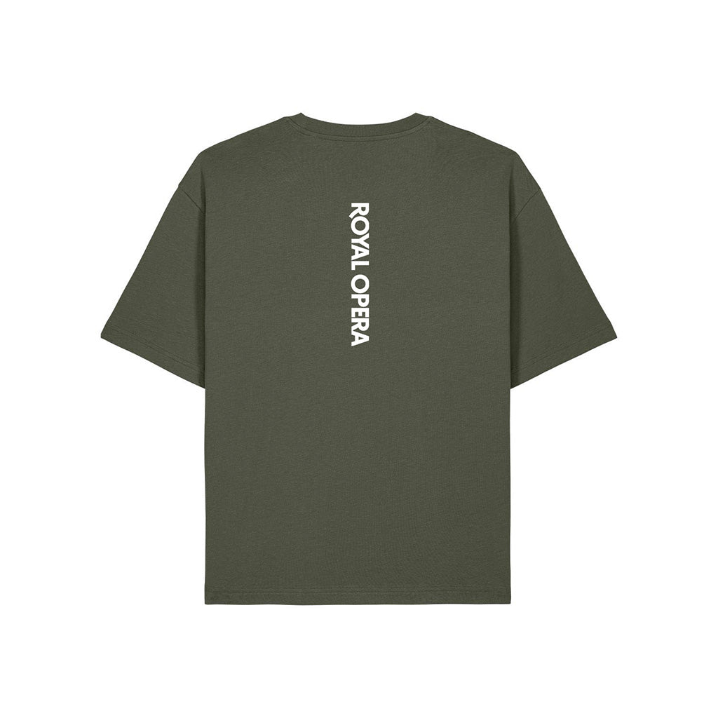 Back view of a khaki green t-shirt with vertical text &#39;ROYAL OPERA&#39; in white against a white background