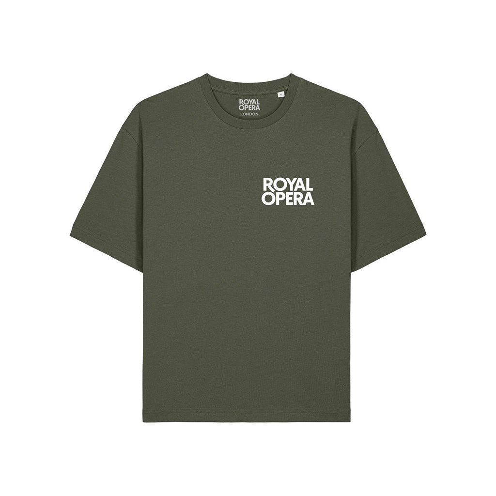 Khaki green t-shirt with white &#39;Royal Opera&#39; text on the left chest  on a white background