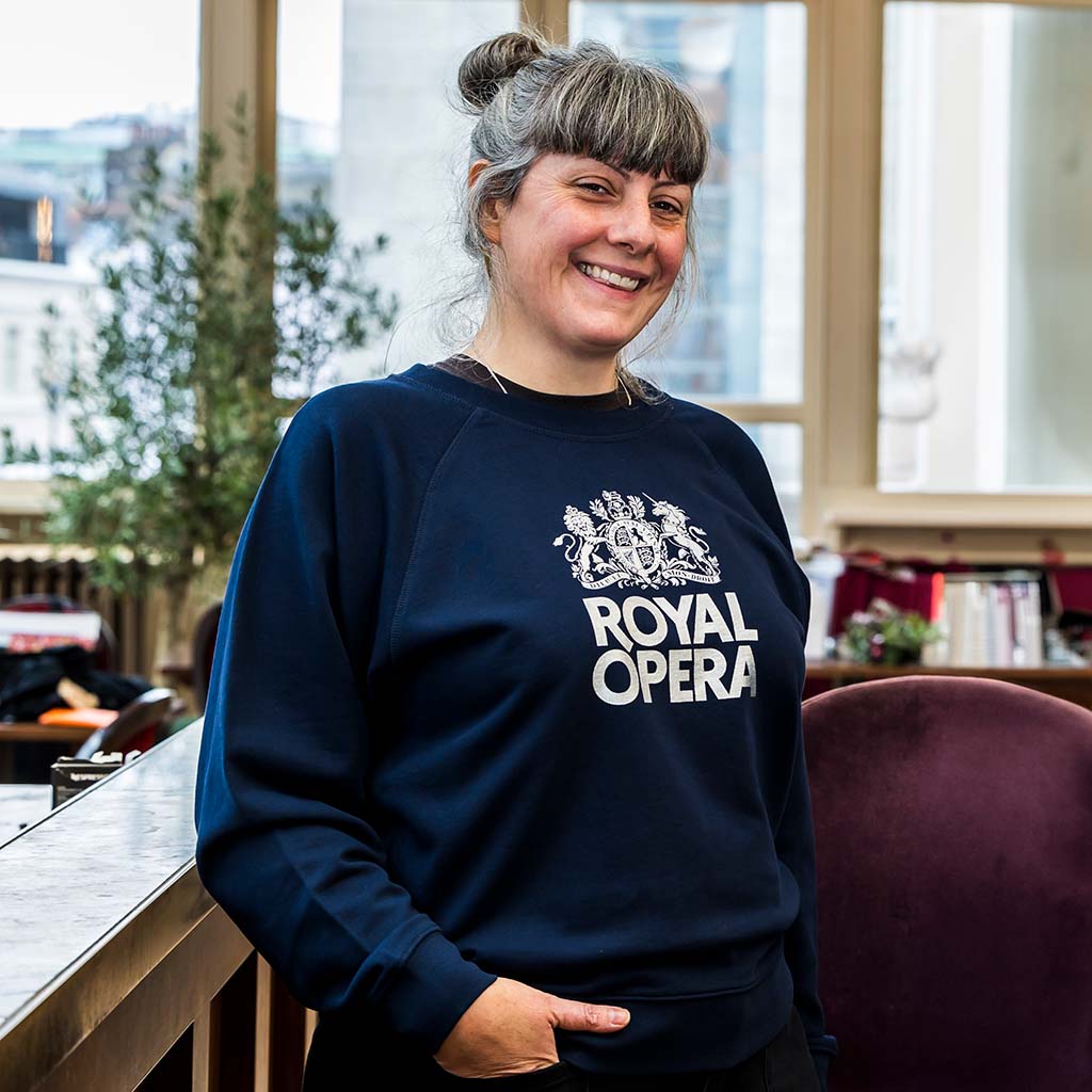 Royal Opera Navy Sweatshirt on model in the Dorfman Bar, RBO