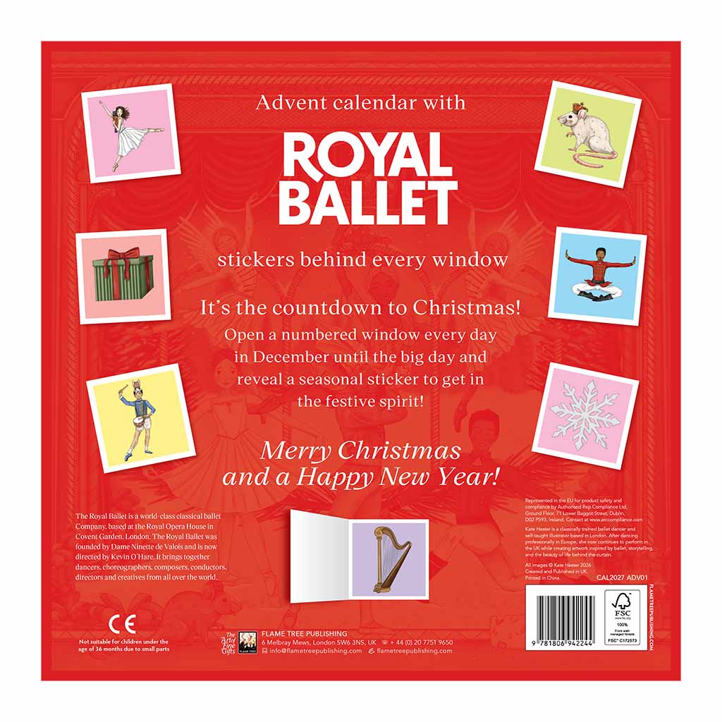 Back cover of a Royal Ballet Advent calendar with illustrations and text.