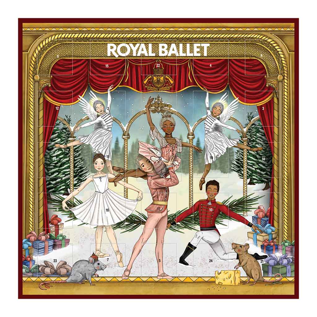 Illustrated Advent Calendar featuring ballet dancers with festive decorations and 'Royal Ballet' text.