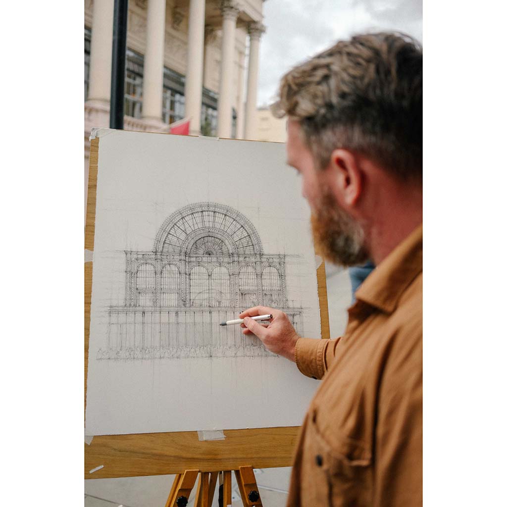 Luke Adam Hawker drawing on Bow Street