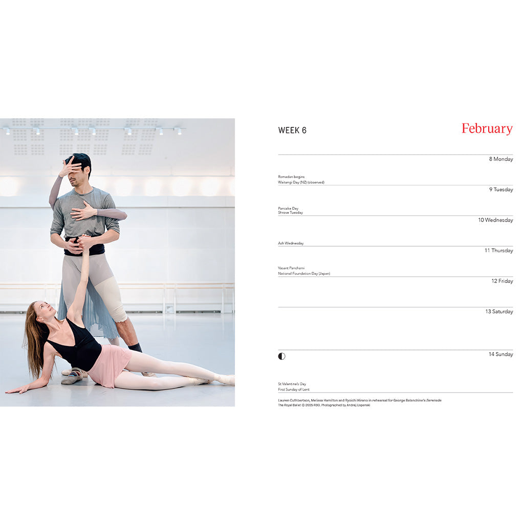 Dancers in a studio in rehearsal, calendar page for February 2027 on the right