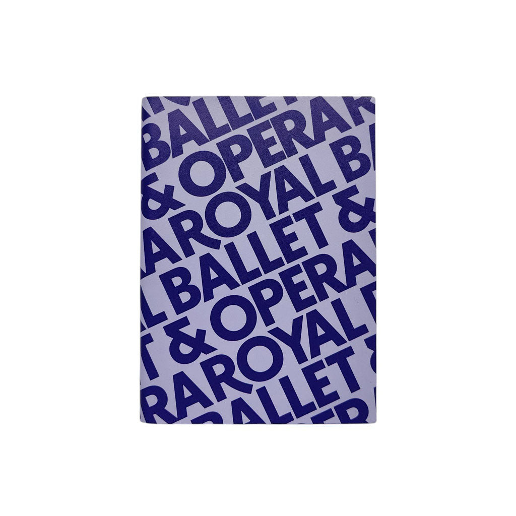 Blue recycled leather notebook with 'Royal Ballet & Opera' text pattern on a white background