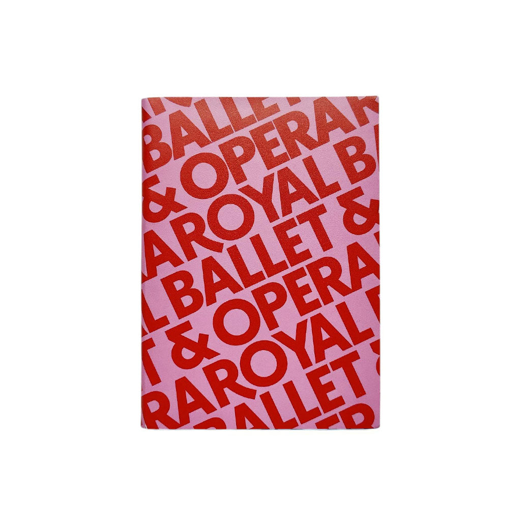 Pink recycled leather notebook with red text &#39;Royal Ballet &amp; Opera&#39; on a white background