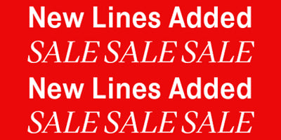 A red promotional banner with repeated white text reading 'New Lines Added' and 'SALE SALE SALE' in large serif lettering.