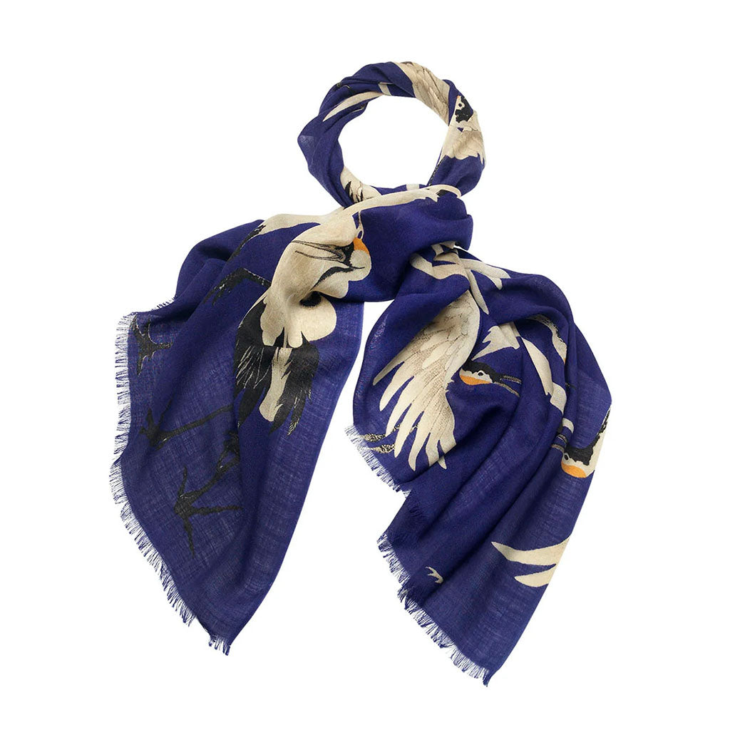 Blue scarf with stork bird design on a white background