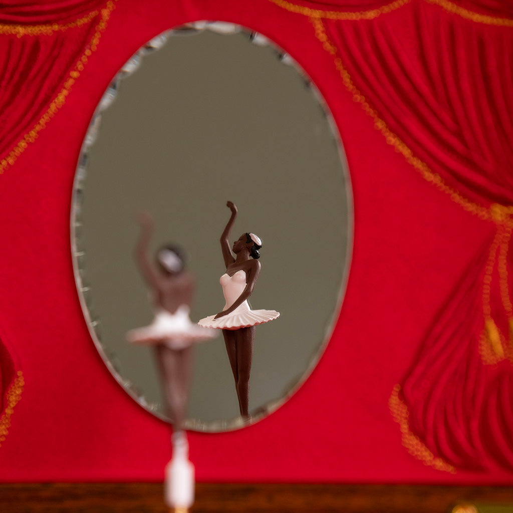 close up of ballerina in white tutu inside RBO x Wolf Ballet Jewellery Box