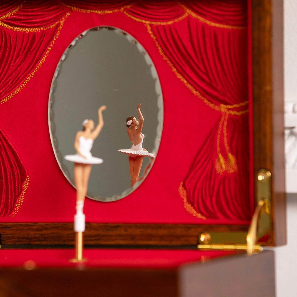 close up of ballerina in white tutu inside RBO x Wolf Ballet Jewellery Box