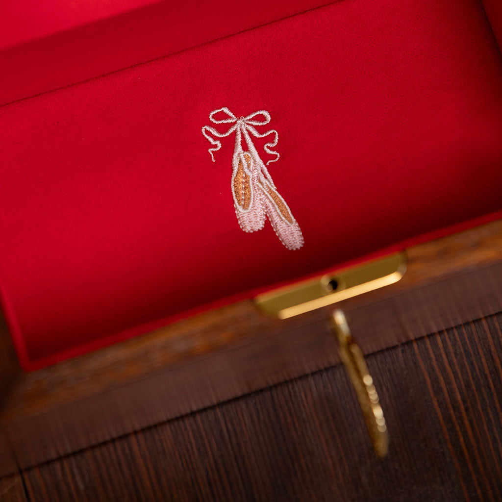 embroidered pink ballet shoes inside close up of ballerina in white tutu inside RBO x Wolf Ballet Jewellery Box
