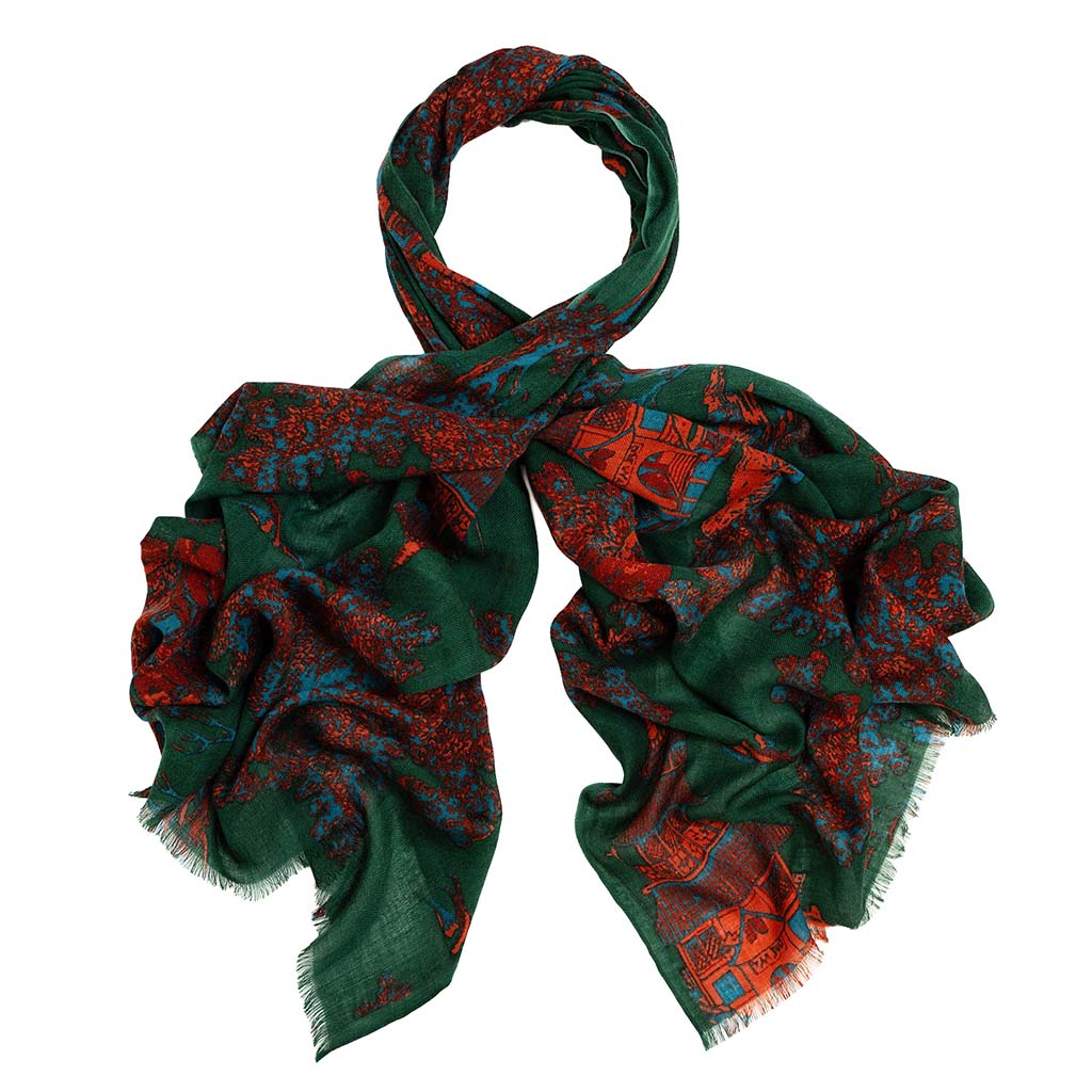 Green and red patterned Pagoda Forest scarf on a white background
