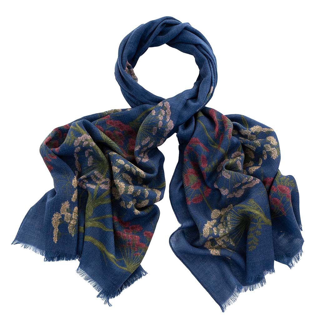 Blue floral Parsley Seed patterned scarf on a white background