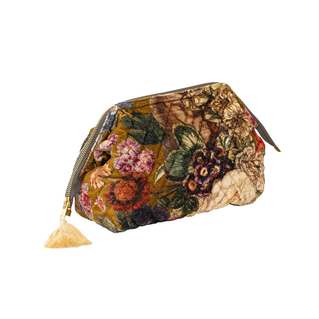 Gold Velvet floral themed pouch with a zipper and tassel on a white background