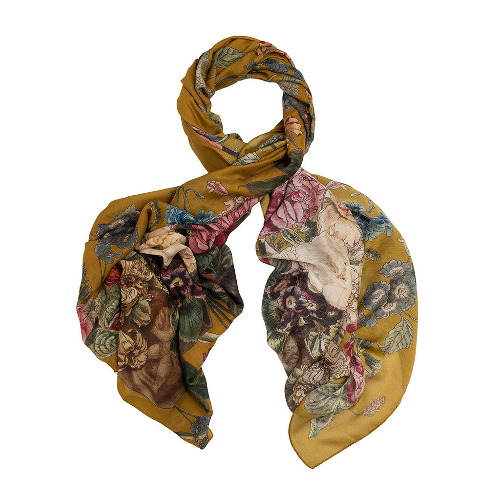 Gold scarf with colourful floral design on a white background