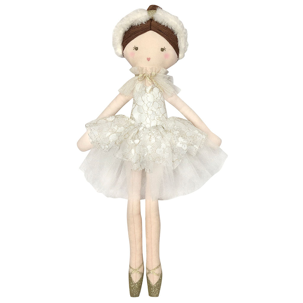 White Swan Doll in a white dress with a feather headband on a white background