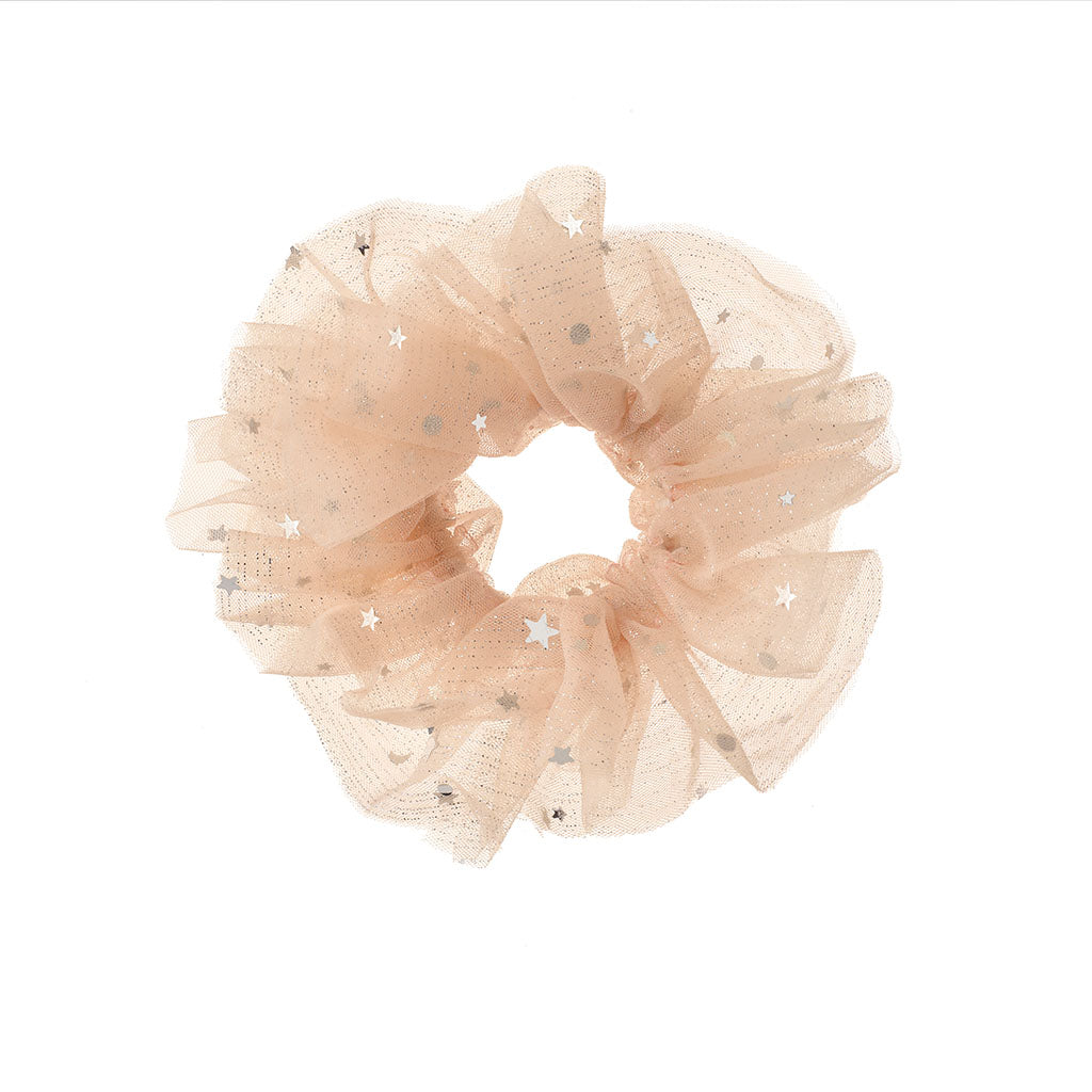 A Sparkly Tulle Scrunchie made from beige tulle fabric with star patterns on a white background.