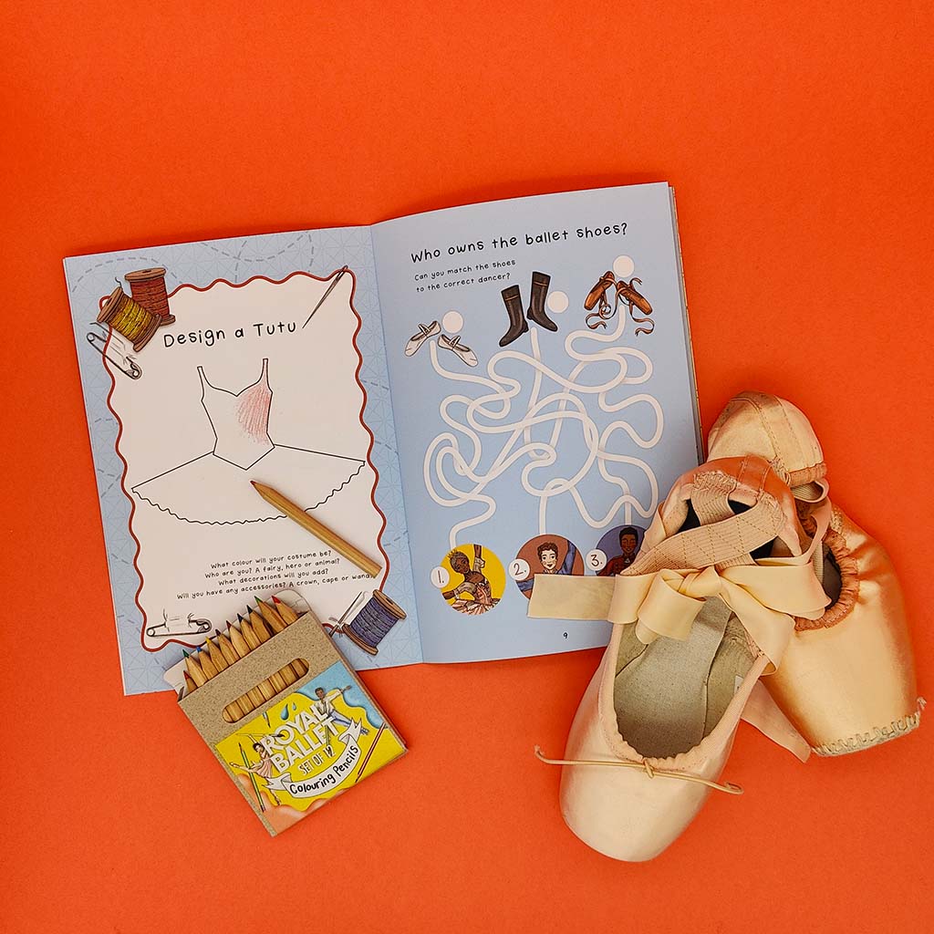 Royal Ballet activity book with colouring pencils on a white background