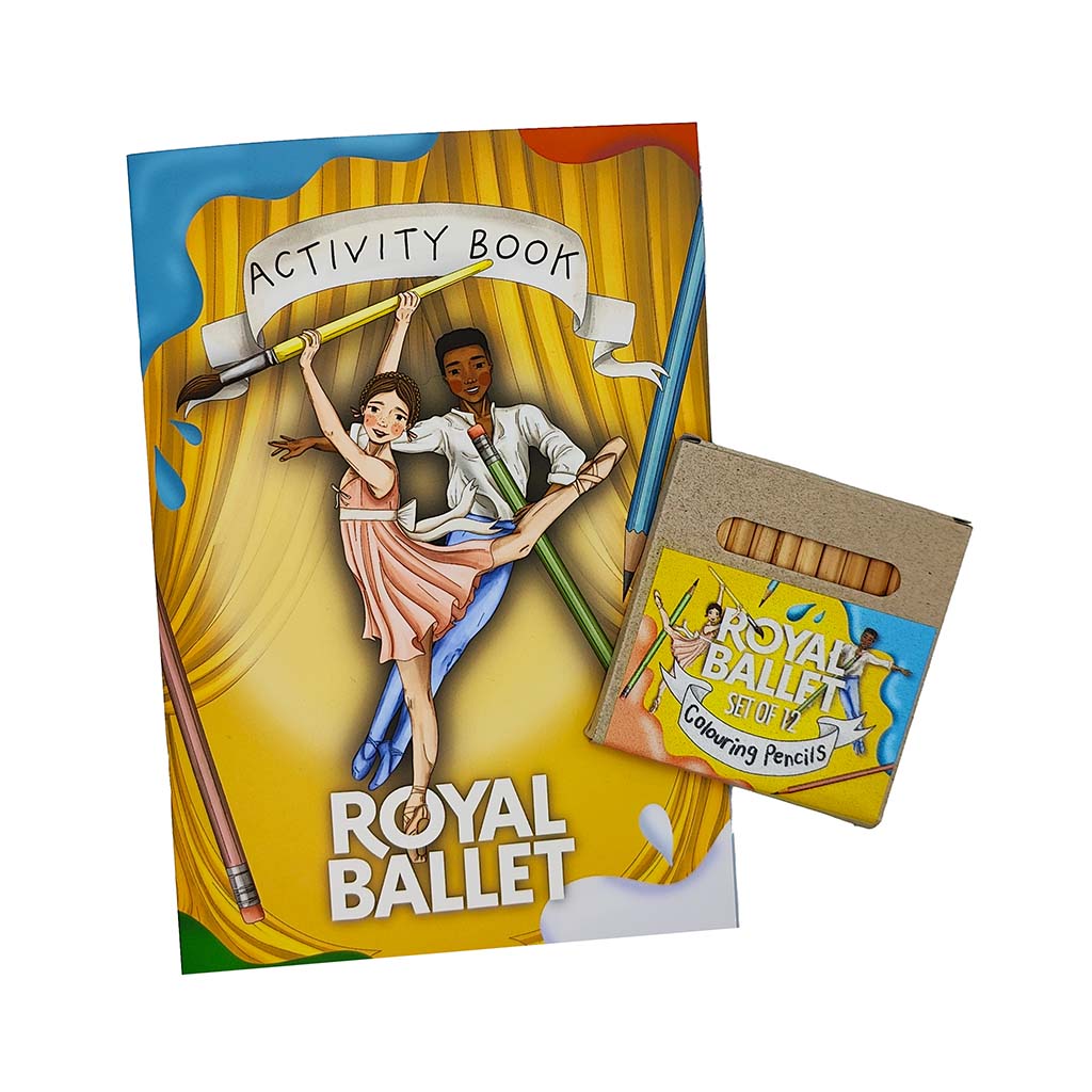 Royal Ballet activity book with colouring pencils on a white background