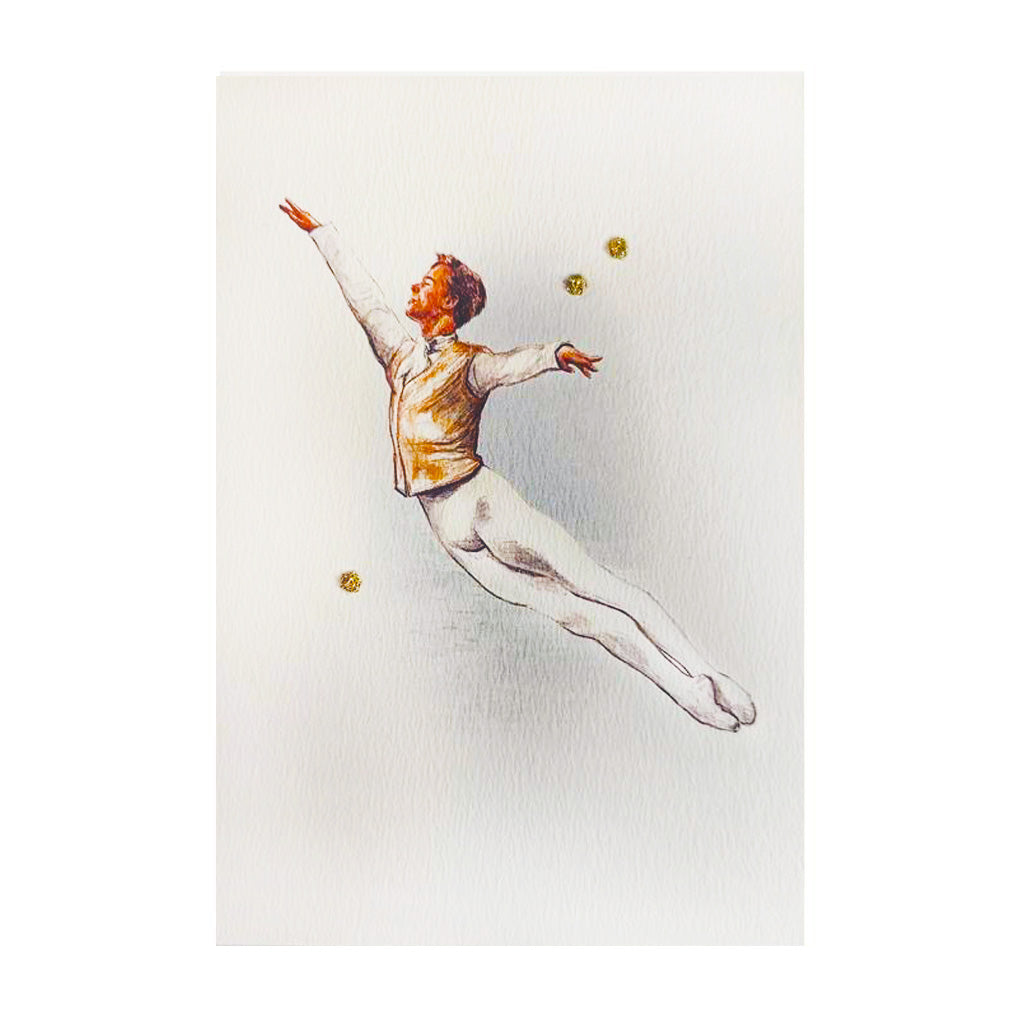 Illustration of a male ballet dancer in mid leap on a white background