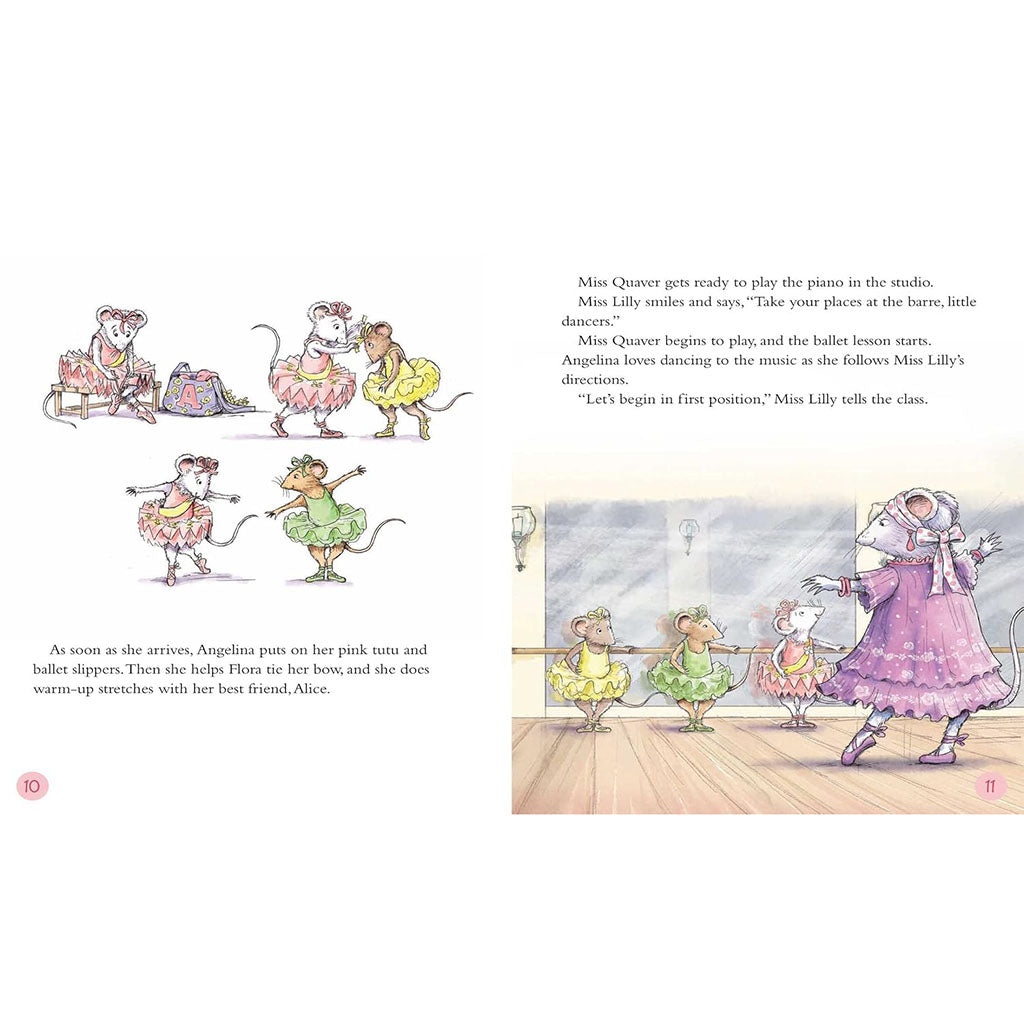 A printed children's book showing illustrated mouse dancers and a watercolor scene of a dance class in a studio, with text blocks and page number 52 visible.
