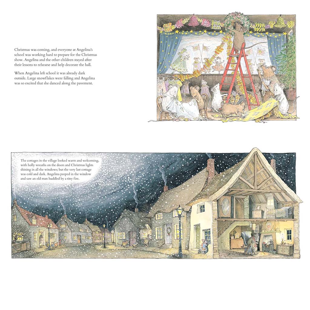 Children's book cover titled "Angelina's Christmas" with a snowy village scene and a mouse in a blue dress running through the snow. The title is in large red script Angelina's Christmas, and the bottom red band includes the text "Story by Katharine Holabird" and "Illustrations by Helen Craig.