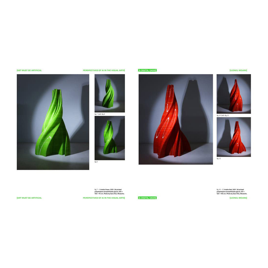 Two sets of sculptures, one green and one red, displayed against a white background.