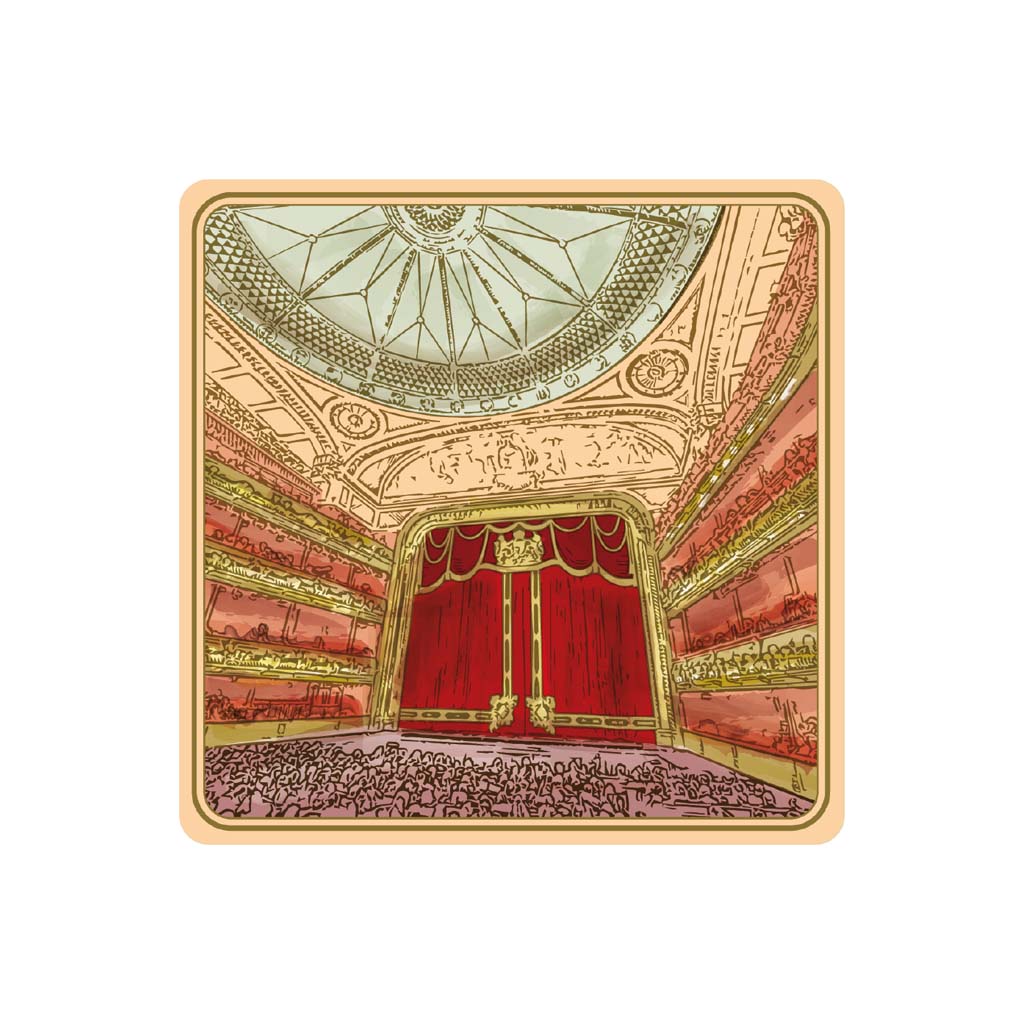 Decorative coaster with the auditorium of the RB&amp;O featuring red curtains and gold accents.