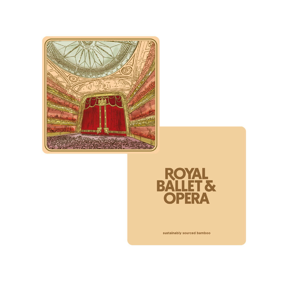 Bamboo coaster with illustrations of the auditorium interior and &#39;Royal Ballet &amp; Opera&#39; text on a beige background