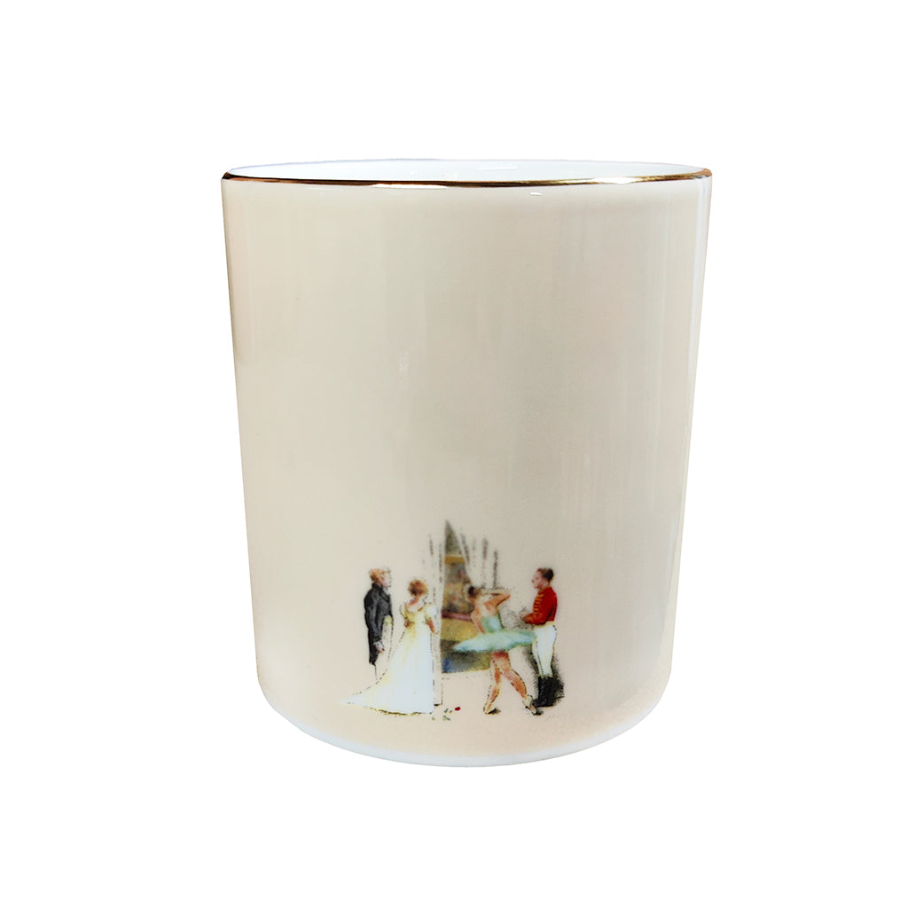 An off-white ceramic candle featuring a delicate gold rim and a small, vintage-style painted illustration of a curtain call 
