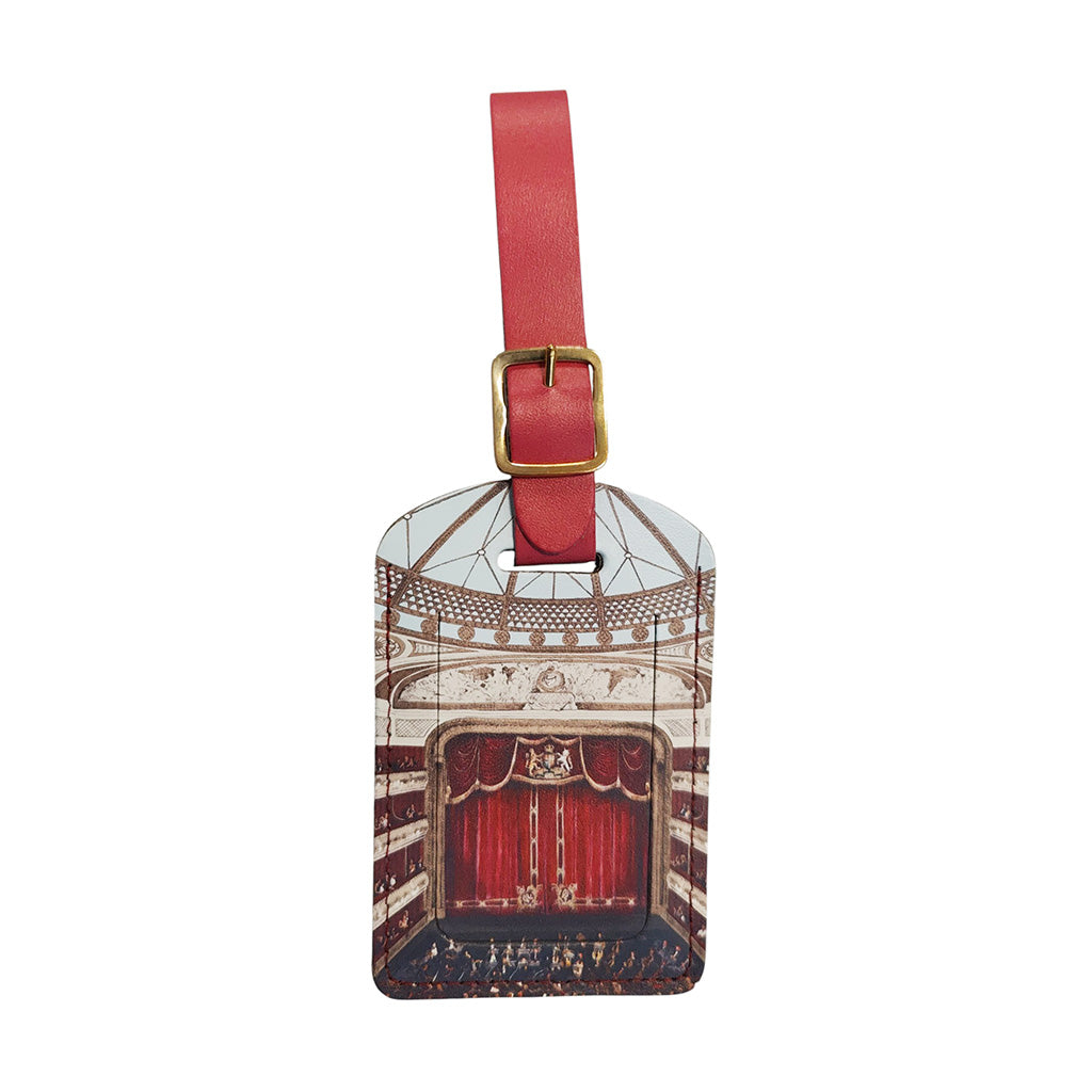 leather luggage tag featuring the auditorium at the Royal Opera House on a white background