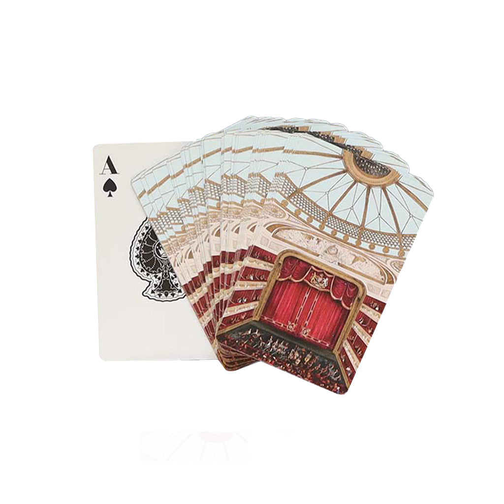A fan of playing cards on a white background, showing the back design with an interior view of the Royal Opera House Auditorium in red curtains and beige architectural details, alongside an Ace of Spades card.